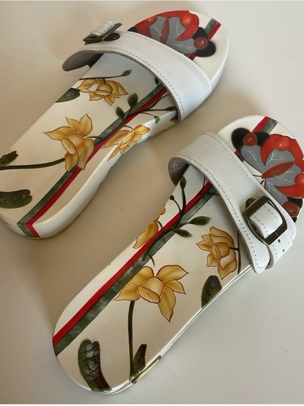 White Floral Slide Mules with Adjustable Buckle